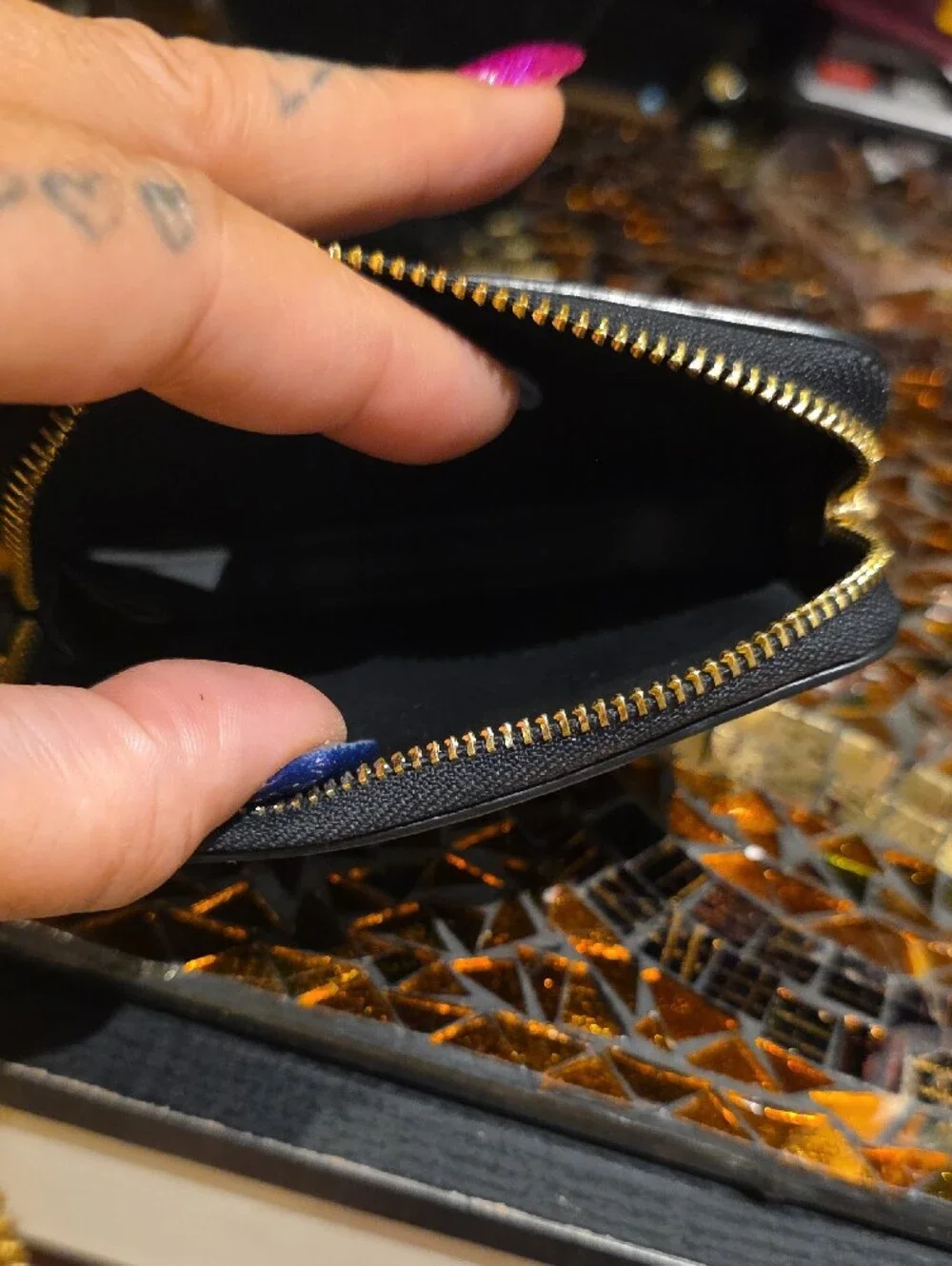 Coach Black Pebbled Leather Mini Wallet with Gold Chain